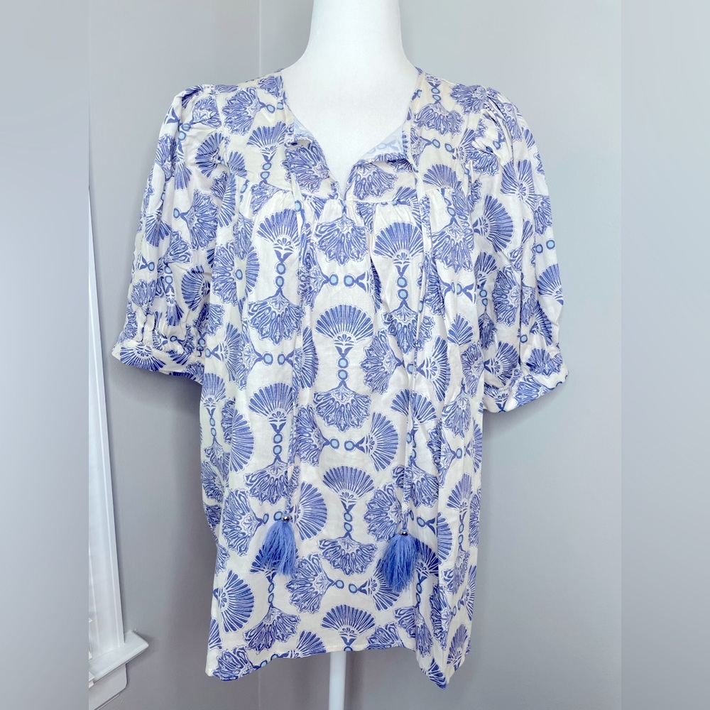 entro Blue and White Printed Tassel Tie Peasant Top